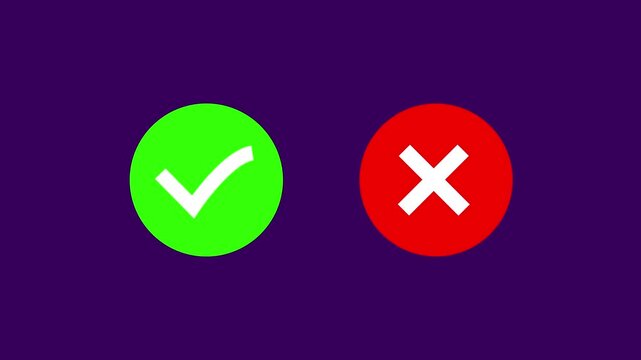 Video footage of yes or no, true or false with alpha channel. check mark and cross mark signs icon animation, pop-up green check mark and red cross X symbol. Green check mark and red cross mark icon