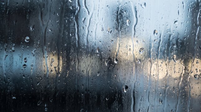 Raindrops on window pane with blurred city lights in the background during a rainy day