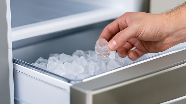 Close-up of a human hand retrieve a single ice cube from a full ice maker drawer inside a modern refrigerator, ready for use in a cold drink