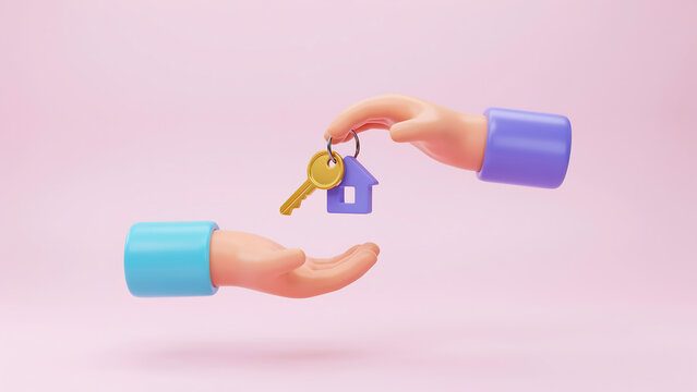3D rendered hands exchanging house keys with property ownership transaction mortgage business investment relocation residential customer