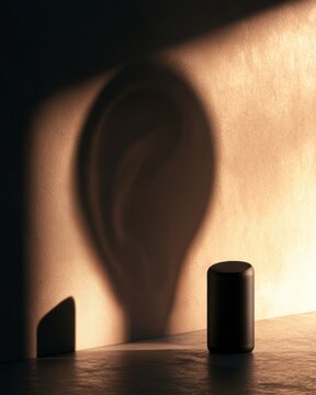 A voice assistant device stands alone on a flat surface. It casts a large ear shadow on the wall behind. Light from a lamp illuminates the scene.