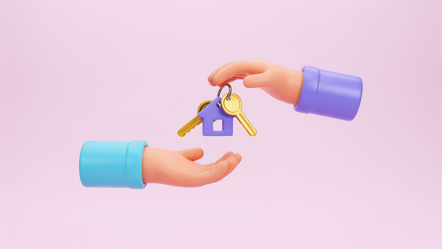 Stylized 3D hands holding house key symbol with real estate property ownership mortgage purchase business investment residence security transaction agreement