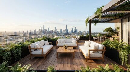 Fototapeta premium Luxury apartment balcony with a modern rooftop terrace and city skyline view.