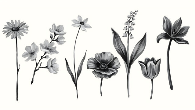 Set of hand drawn wildflowers sketches with botanical illustration wildflower collection monochrome blooming decoration