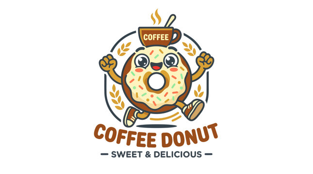 Happy Donut Mascot Character with Coffee Cup Logo Design.