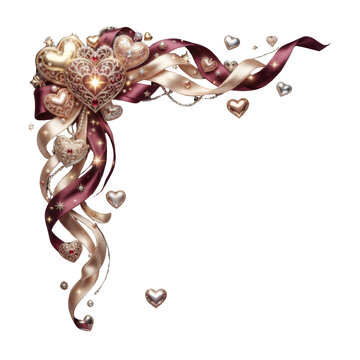 Heart ribbon corner border with ornate gold filigree hearts and flowing burgundy satin streamers creating an elegant romantic frame with copy space