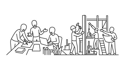 Obraz premium A line art illustration showing a team collaborating in an office and construction setting.