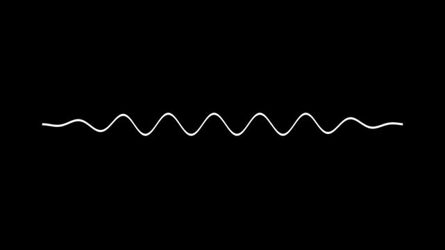 Minimalist white sine wave animation on black background, abstract sound frequency pulse audio