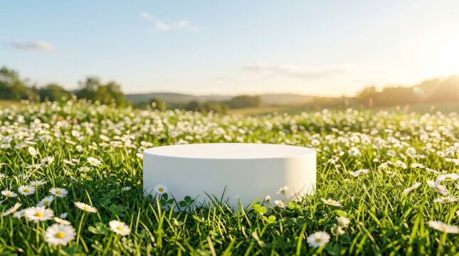 White round podium in a green grass field with blooming daisies under warm sunlight.
