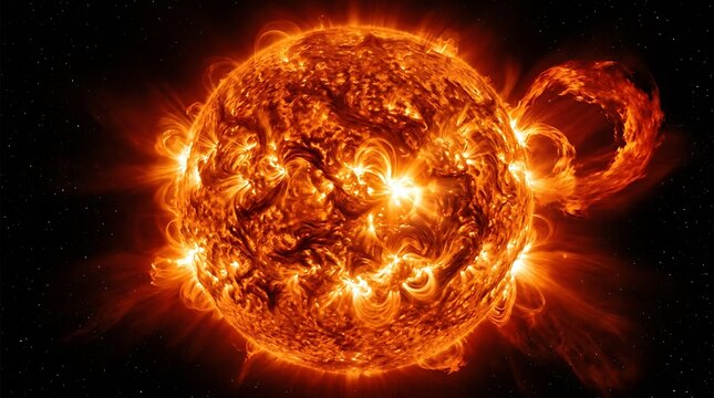 Fiery solar flare eruption with intense plasma explosion. Dramatic sunspot activity in high-energy space weather.
