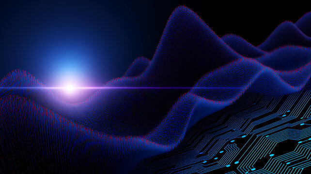 Abstract digital wave network landscape with blue glow abstract technology landscape connection background information particle connectivity