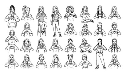 Obraz premium Hand Drawn Teenage Girl Heart Sign Collection with Youth Sketch Illustrations