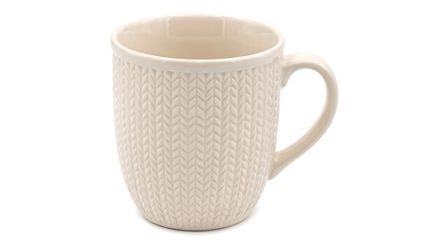 Textured cream ceramic mug isolated on white background with beverage kitchenware isolated drinkware breakfast caffeine