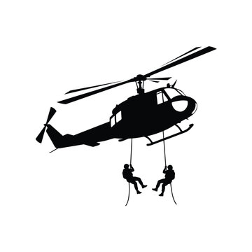 Military Helicopter Rappelling Soldiers Tactical Operation Silhouette Vector Illustration