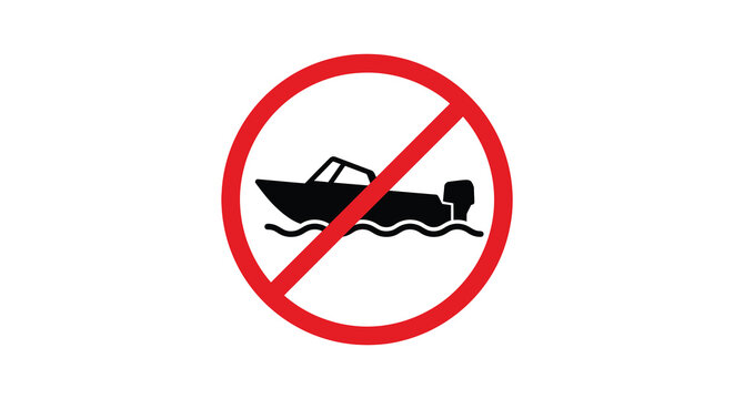 Motorboat prohibition sign with red circle and slash black silhouette boat speedboat vessel watercraft marine nautical restriction ban