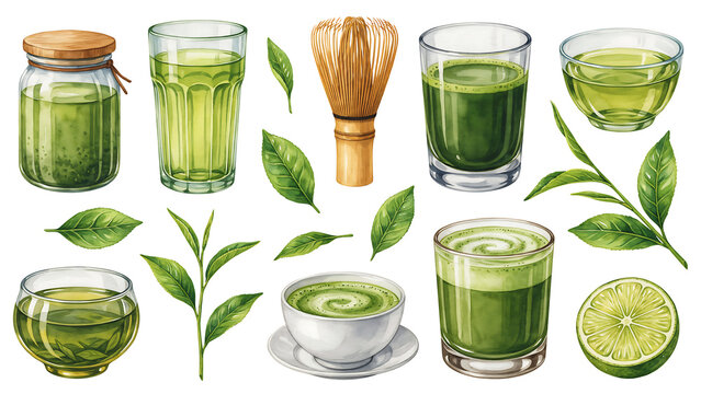 Watercolor matcha green tea collection set with tea cup watercolor beverage lifestyle refreshment botanical illustration culinary antioxidant
