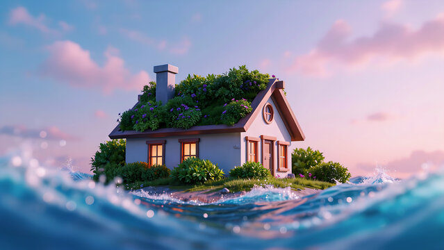 Cozy small cottage house on tiny island surrounded by ocean waves with isolated solitude architecture building environment landscape peaceful cottagecore wilderness