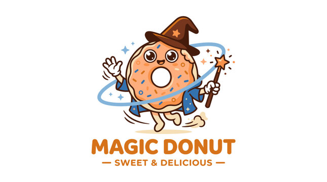 Cute cartoon magic donut character mascot logo illustration.