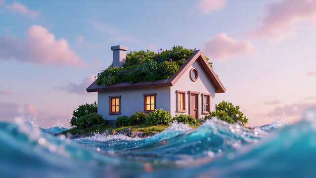Small house with grassy roof on a tiny island floating in turbulent sea waves environment floating conceptual landscape building abstract architecture