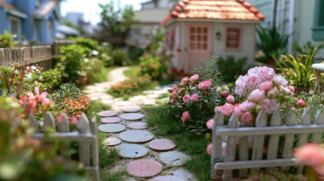 A garden path of stones leads from a small house to a tiny studio in a backyard with blooming flowers and greenery.