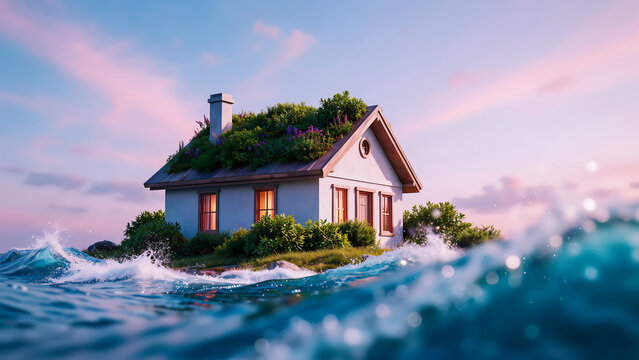 Isolated house with green roof on tiny island in turbulent ocean isolated architecture environment landscape wilderness peaceful building
