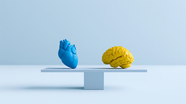 Conceptual representation of heart and brain in balanced opposition, symbolizing emotional versus rational thought on a light blue background