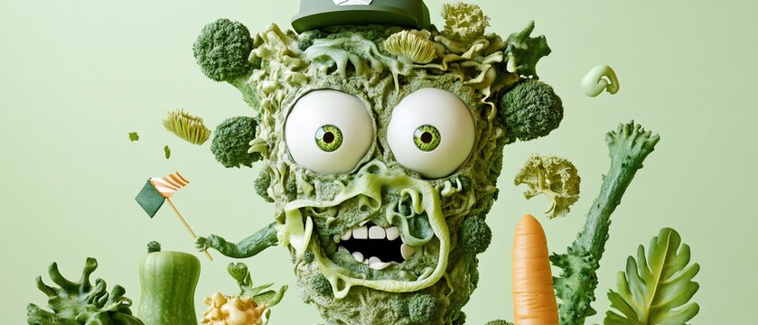 Vegetable character face with big eyes and a hat on light green background