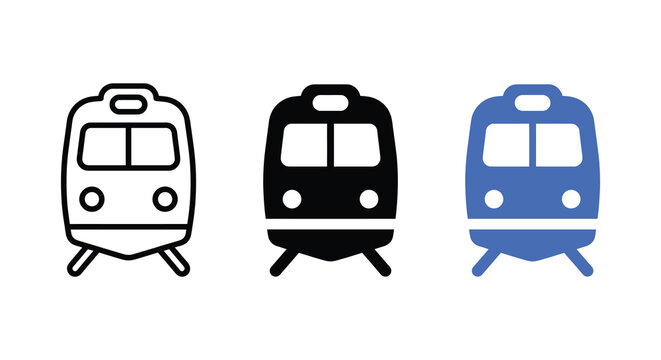 Three train front views in line art solid black and blue flat styles a graphic silhouette trains railroad