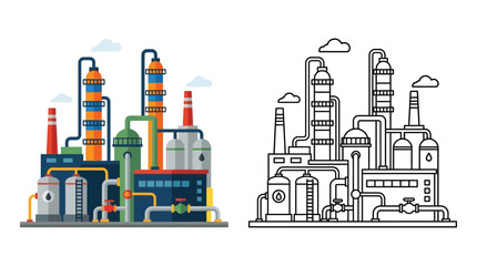 Obraz premium Industrial factory complex with smokestacks vector illustration on white background