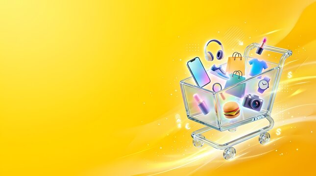 A vibrant shopping cart overflowing with a variety of consumer goods, including electronics, fashion items, and cosmetics, on a glowing yellow background, symbolizing e-commerce and retail.