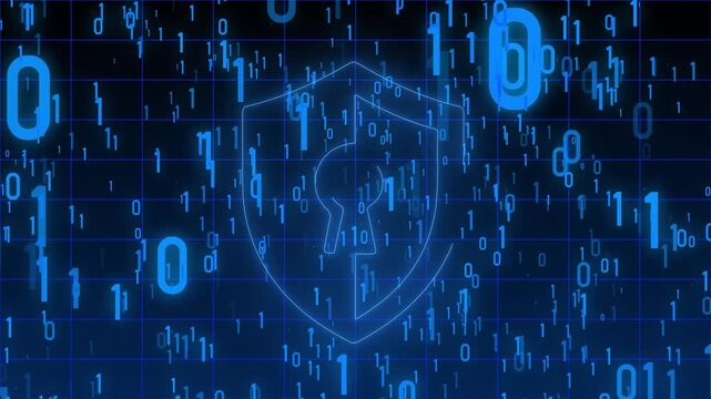 Abstract cybersecurity shield with flowing digital binary code in frame.