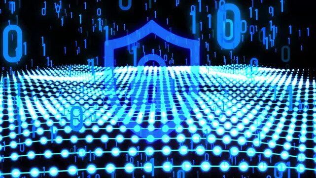 Cyber security shield with binary code and data network.