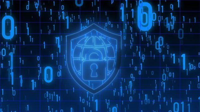 Cyber security shield with digital binary code background in desk.