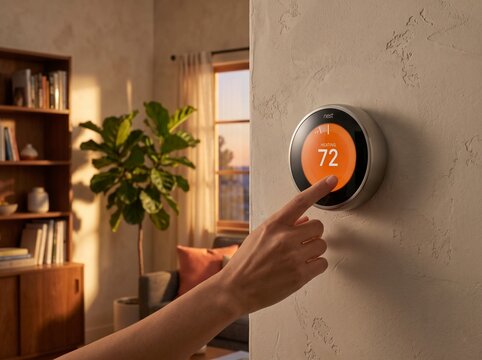 Person adjusting a modern smart home digital wall thermostat to control indoor heating temperature Mockup