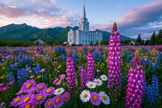 Colorful Flowers in a Field Near a Temple in Orem, Utah