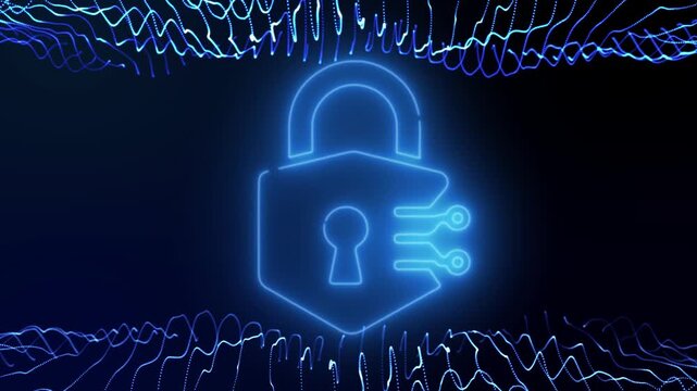 Neon blue digital padlock icon with data network connection lines for cybersecurity binary code.