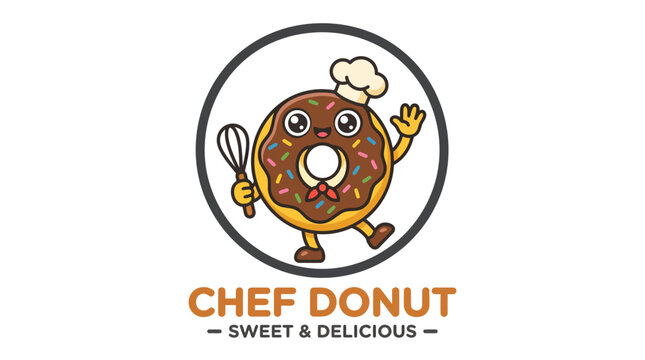 Cute cartoon chef donut mascot logo design with a whisk.