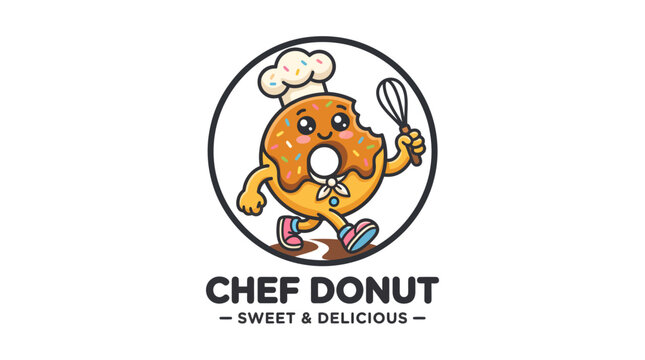 Cute cartoon chef donut mascot logo design.