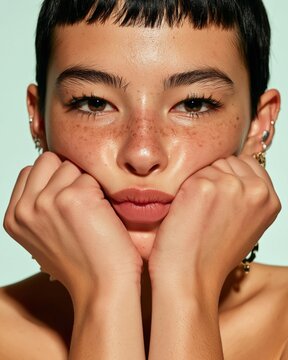 Intimate portrait of freckled young woman with pixie cut holding head in hands