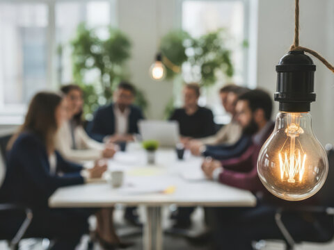 A Glowing Light Bulb Hanging Above A Blurred Corporate Team Meeting Room