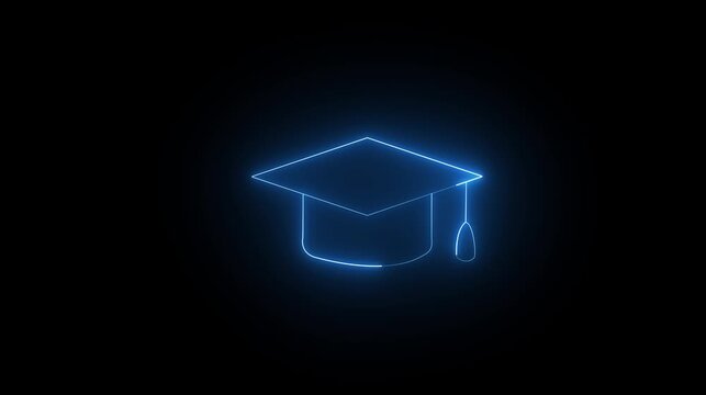Glowing light neon line Graduation cap icon isolated on black background. Graduation hat with tassel icon.Education icon animation on background.