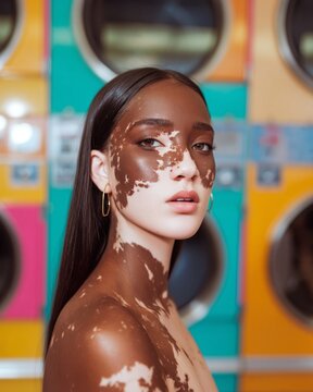 Portrait of a striking young woman with vitiligo against colorful laundry background