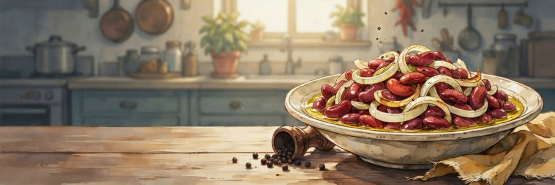 The national dish of Italian cuisine. 
Abruzzi bean salad (Fagioli e Cipolla) &mdash; red beans, lots of sweet onions, olive oil, black pepper. A banner with space for the text.