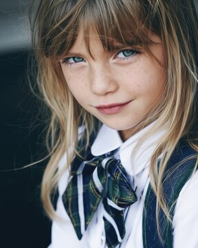Portrait of a cute schoolgirl with blonde hair and a plaid bow tie
