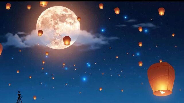 Floating sky lanterns against a full moon night sky