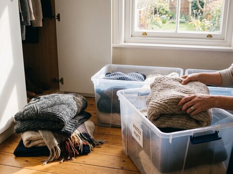 Person Organizing Woolen Sweaters and Winter Knits into Clear Plastic Storage Boxes for Seasonal Closet Rotation