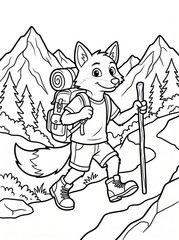 Fototapeta premium Coloring page, confident fox carrying a hiking backpack on a trail.