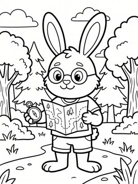 Coloring page, smart bunny holding a map and a compass.