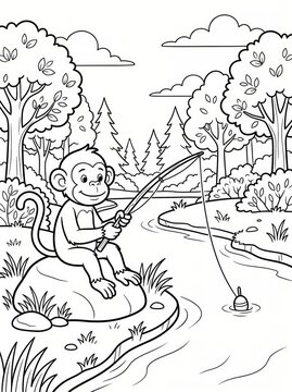 Coloring page, relaxed monkey holding a fishing rod over a river.