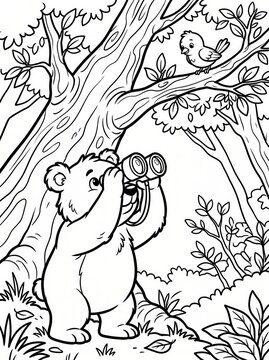 Coloring page, curious bear looking through binoculars at a bird.
